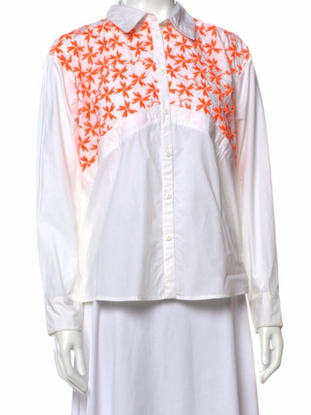 Tanya Taylor White Button-Down Shirt with Orange Embroidered Yoke